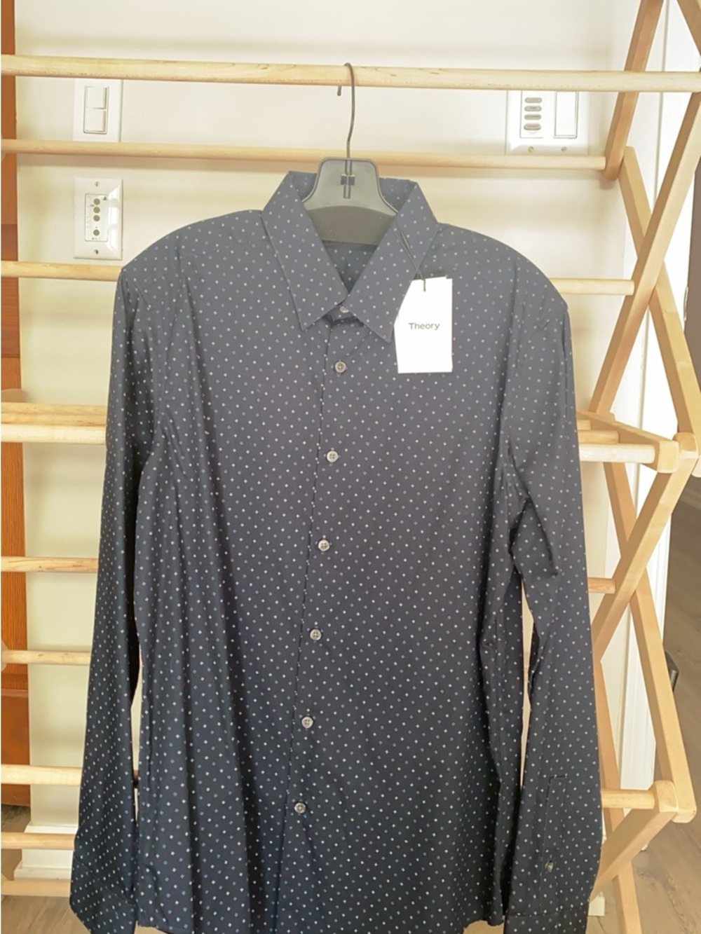 Theory Men's Navy Shirt with White Microdot Pattern